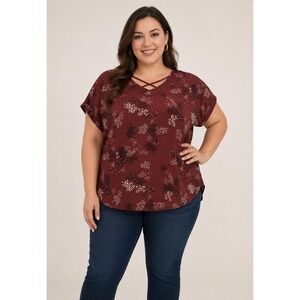 Floral Criss Cross Blouse Plus Size Boho Cottagecore Fall Top sz 1 Maurices